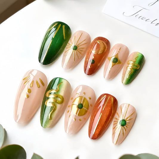 Mystical Green and Orange Stiletto Long Press On Nail Set with Unique Gold Accent Designs