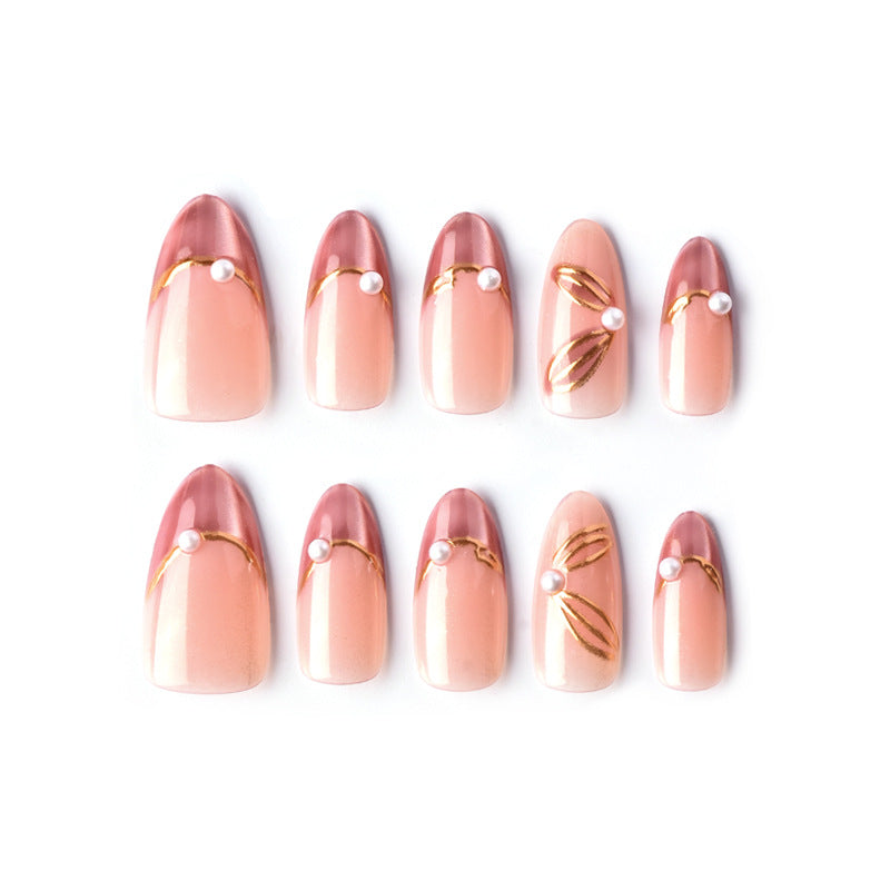 Elegant Blossom Medium Almond Pink with Pearl Accent Nail Set