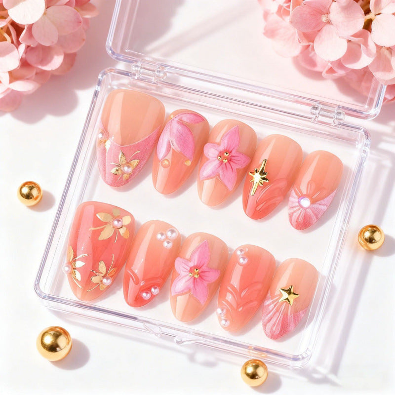 Blossom Daydream Short Almond Pink Floral Press On Nail Set with Elegant Embellishments