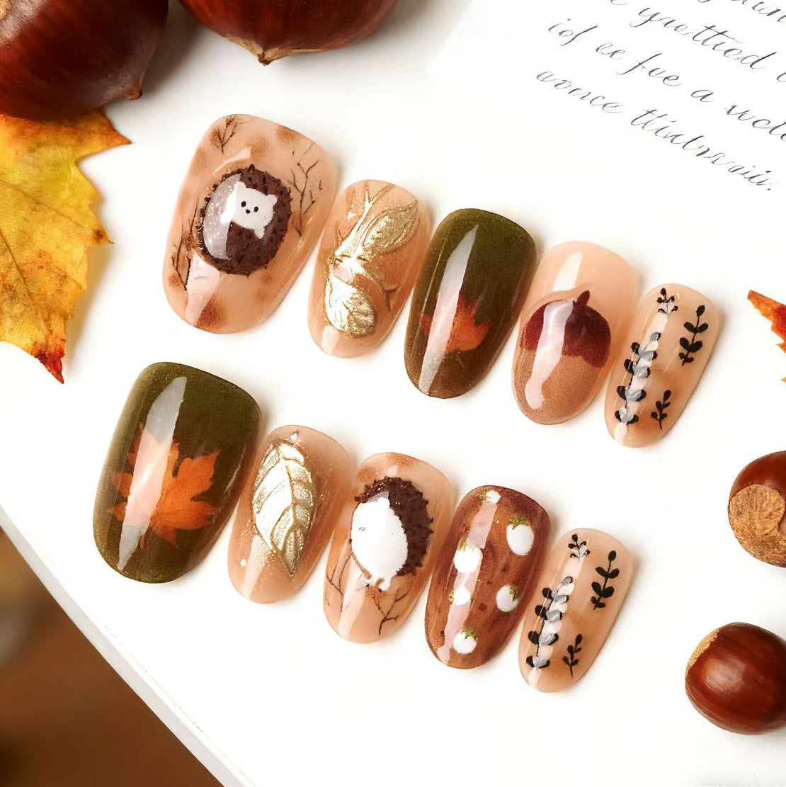 Autumn Elegance Short Almond Green with Whimsical Hedgehog Design Press On Nail Set