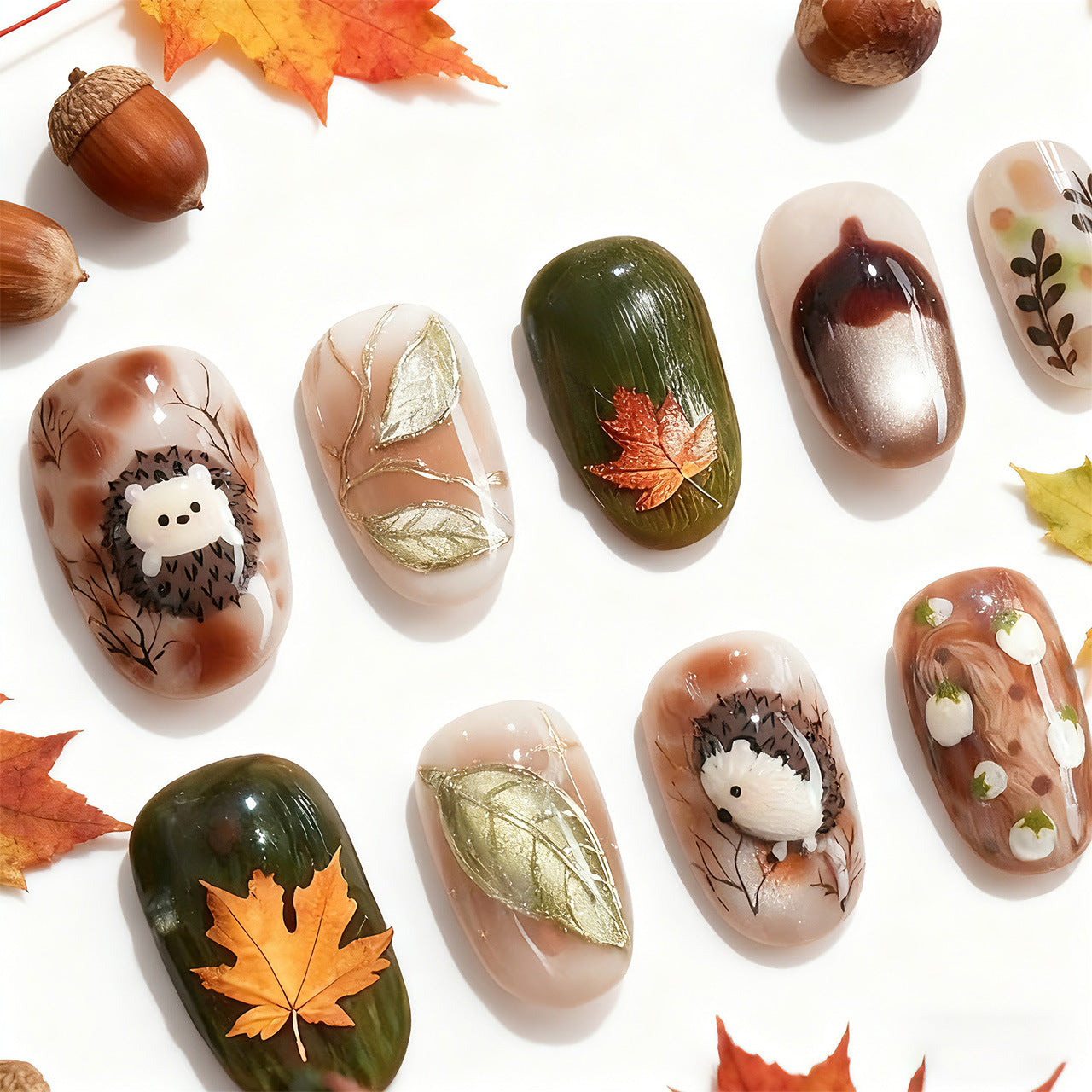 Autumn Whimsy Short Squoval Green and Brown Leaf and Hedgehog Art Press on Nail Set