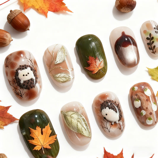 Autumn Whimsy Short Squoval Green and Brown Leaf and Hedgehog Art Press on Nail Set