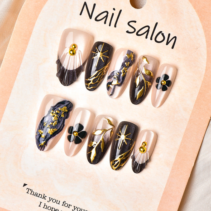Elegant Floral Midnight Medium Almond Press-On Nail Set with Unique Gold Accents