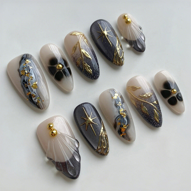 Celestial Elegance Medium Almond Grey and Gold Foil Nail Set