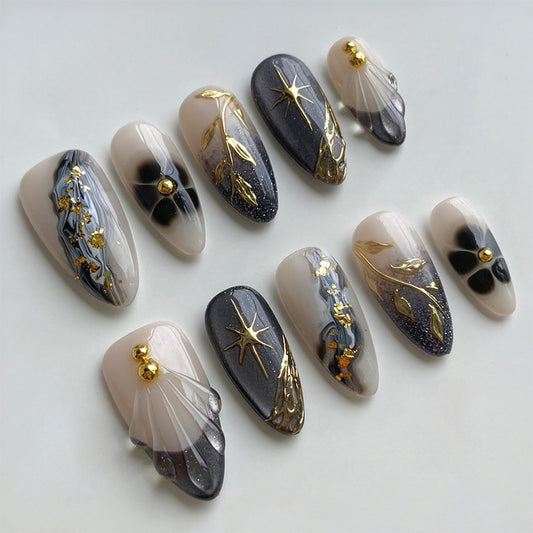 Celestial Elegance Medium Almond Grey and Gold Foil Nail Set