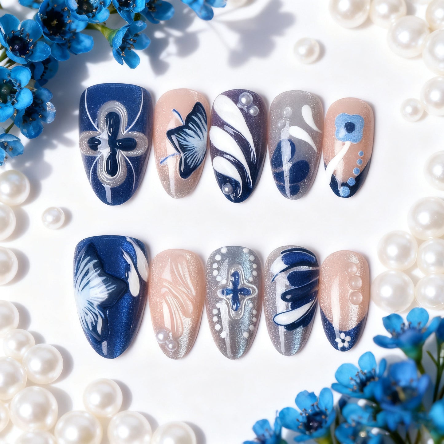 Elegant Oceanic Charm Medium Almond Blue Floral Design Press On Nail Set