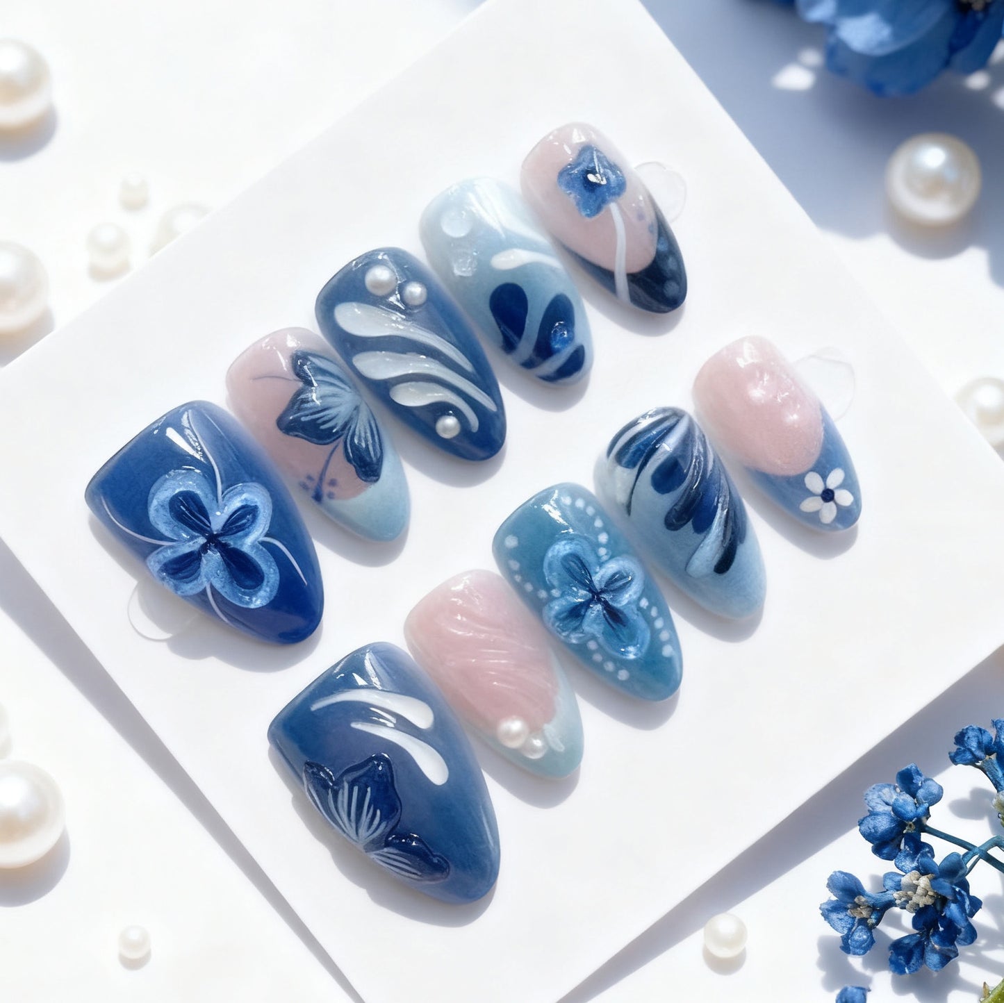 Floral Fantasy Medium Almond Blue Press On Nail Set with Intricate Designs