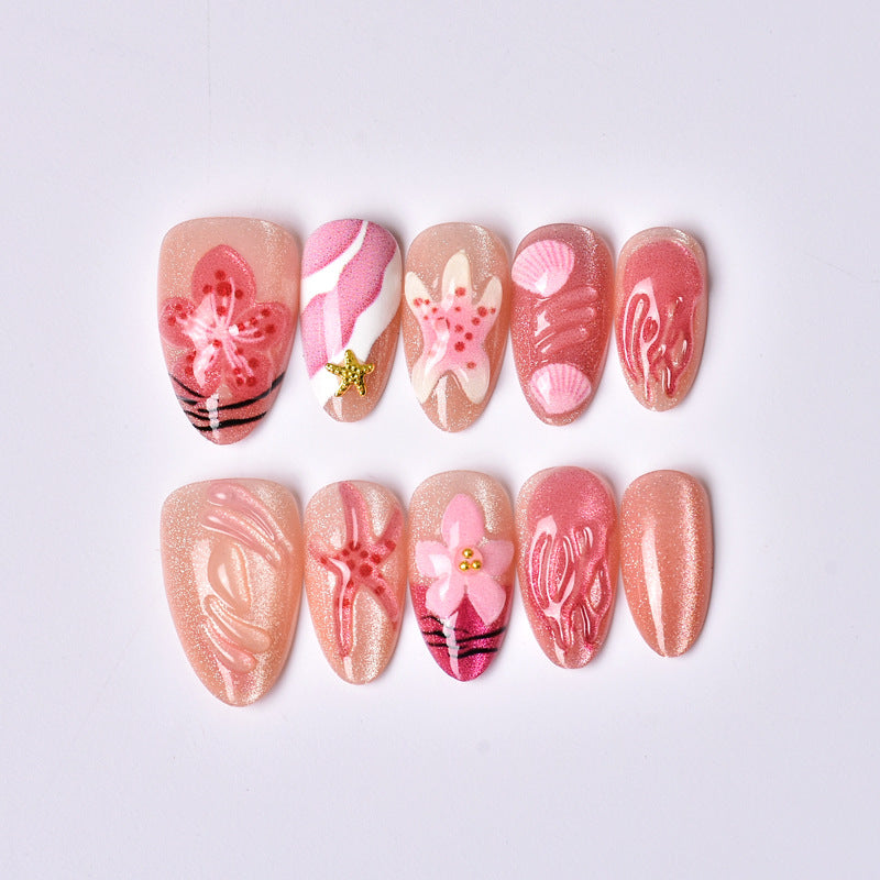 Tropical Paradise Medium Almond Pink Glittery Nail Set with Floral Designs