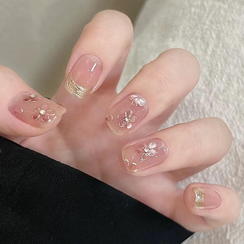 Charming Floral Design Short Square Pink Press On Nail Set with Glitter Accents