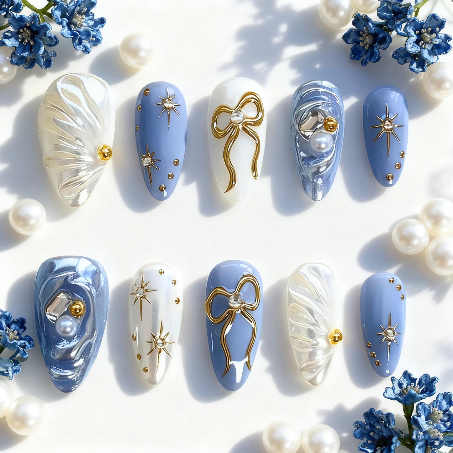 Elegant Ocean Breeze Medium Almond Blue with Pearl and Gold Accents Press on Nail Set