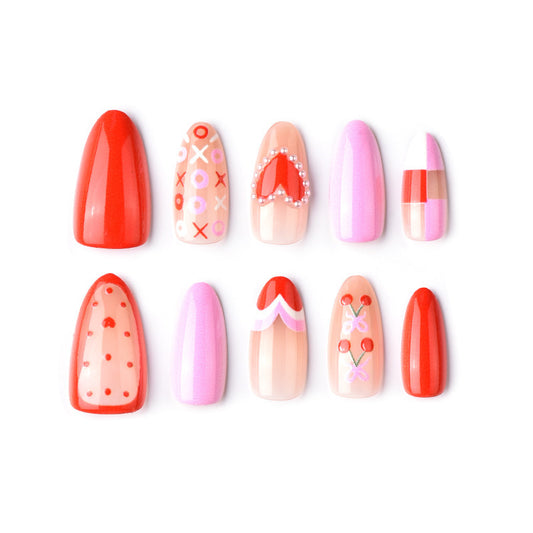 Romantic Vibes Medium Almond Red with Heart and Pattern Details Press-On Nail Set