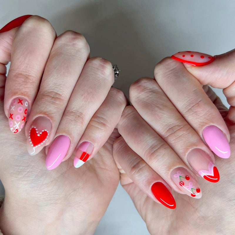 Love Inspired Medium Almond Red and Pink Press on Nail Set with Heart and Dot Designs