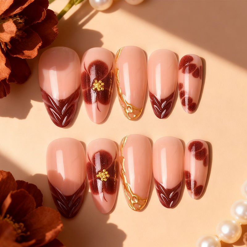 Elegant Autumn Inspiration Long Almond Peachy with Gold Floral Accents Press On Nail Set