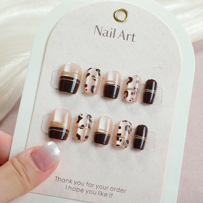 Chic Caffeine Short Square Brown with Gold Accent Nail Press Set