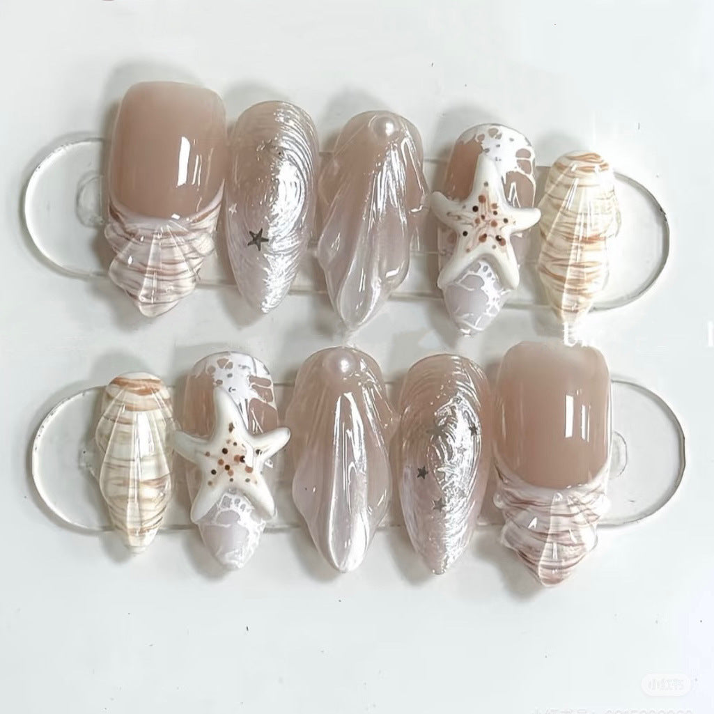 Ocean-Inspired Medium Almond Beige Press-On Nail Set with Shell Accents