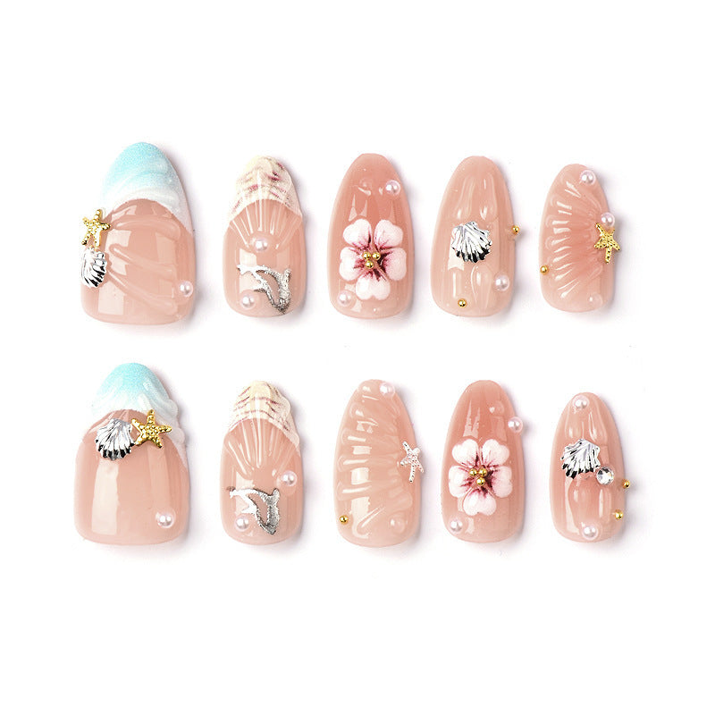 Ocean Breeze Medium Almond Beige with Floral Accents Press On Nail Set