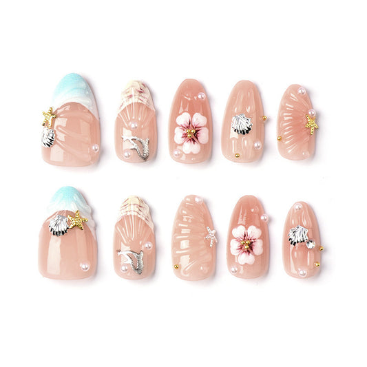 Ocean Breeze Medium Almond Beige with Floral Accents Press On Nail Set