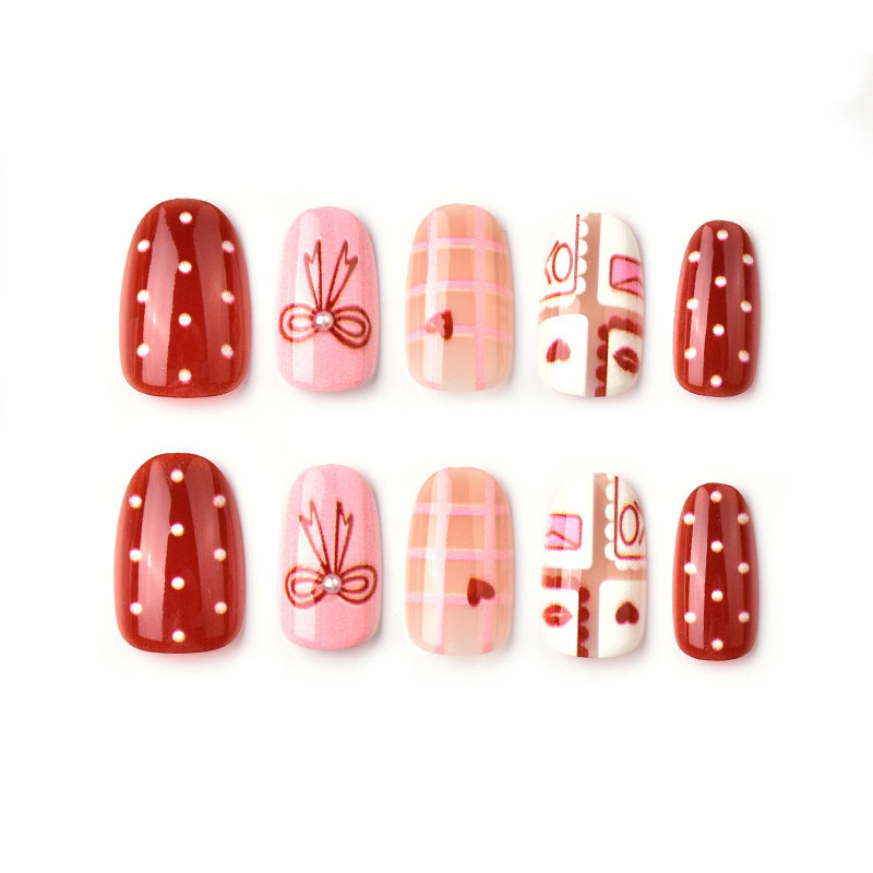 Charming Romance Short Squoval Red and Pink Patterned Press-On Nail Set