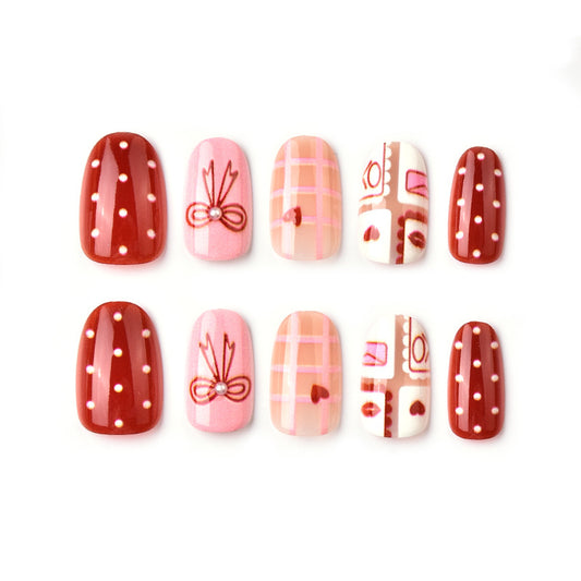 Charming Romance Short Squoval Red and Pink Patterned Press-On Nail Set