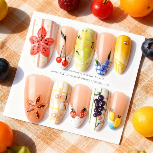 Fruit Garden Delight Short Almond Peachy with Floral Accents Press On Nail Set
