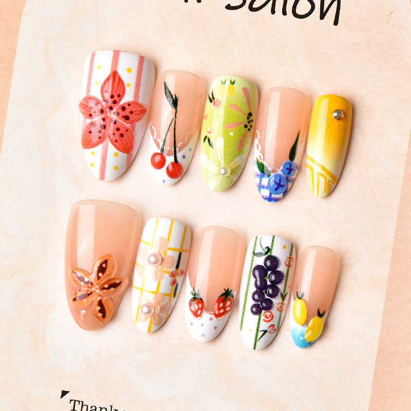 Floral Garden Short Almond Peachy Nails with Artistic Designs