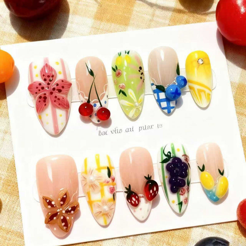 Floral Inspired Long Almond Multicolored Press On Nail Set with Unique 3D Designs