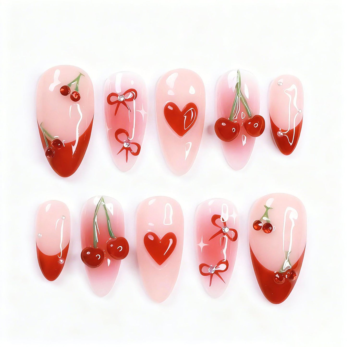 Cherry Blossom Inspired Long Almond Pink Nails with Charming Floral Designs