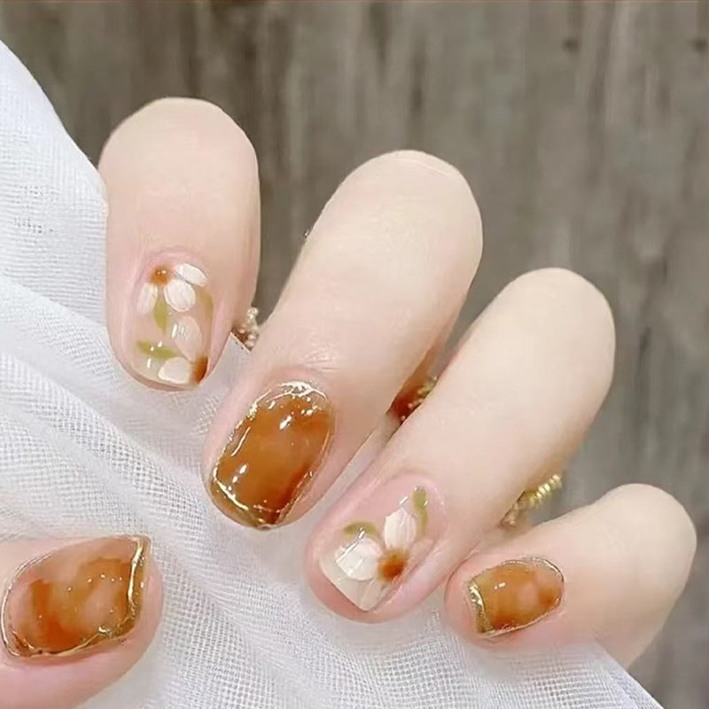 Autumn Elegance Short Square Brown with Floral Accents Press On Nail Set