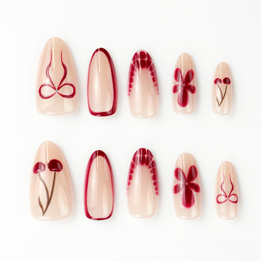 Cherry Blossom Short Almond Floral Accent Press On Nail Set