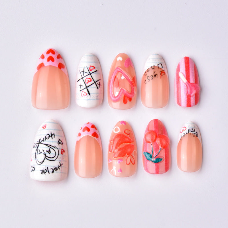 Romantic Vibes Short Almond Pink with Heart Patterns Press On Nail Set
