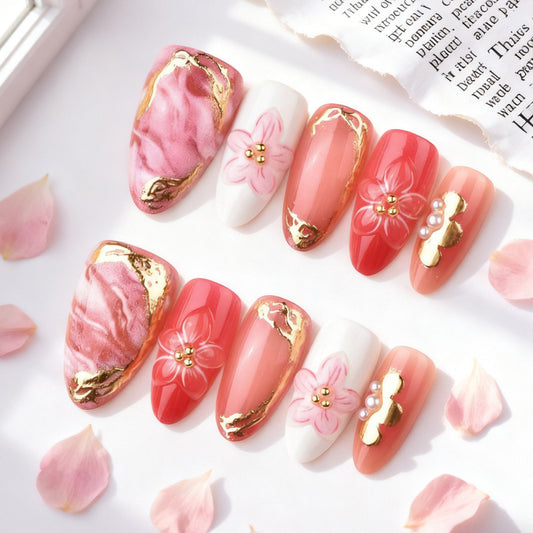 Blossom Elegance Short Almond Pink with Gold Floral Accents Press-On Nail Set