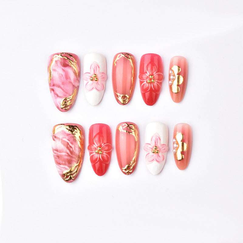 Blossom Elegance Short Almond Pink with Gold Floral Accents Press On Nail Set