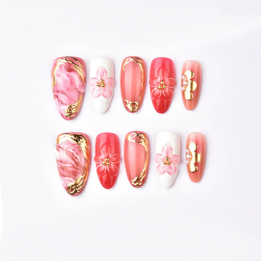 Blossom Elegance Short Almond Pink with Gold Floral Accents Press On Nail Set