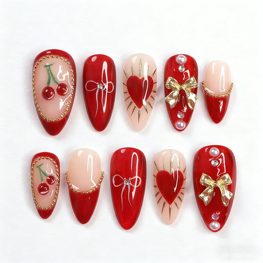 Cherry Blossom Heart Short Stiletto Red with Gold Accents Nail Set