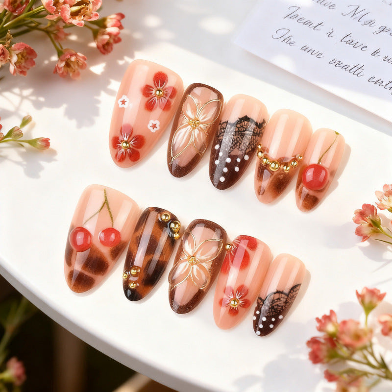 Chic Floral Delight Long Almond Autumn Inspired Press on Nail Set with Artistic Accents