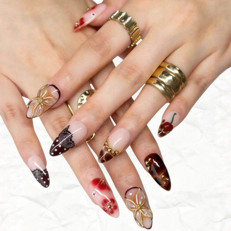 Elegant Floral Fantasy Long Stiletto Burgundy with Intricate Embellishments Press-On Nail Set