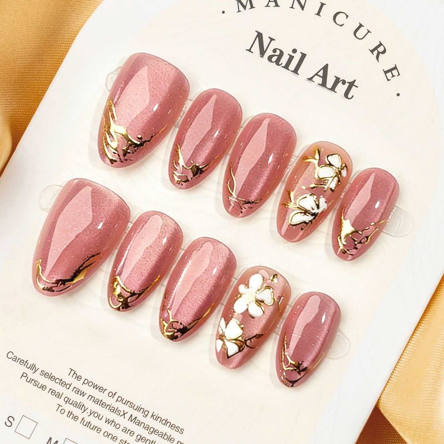 Blossom Elegance Medium Stiletto Pink with Floral Gold Accents Press On Nail Set