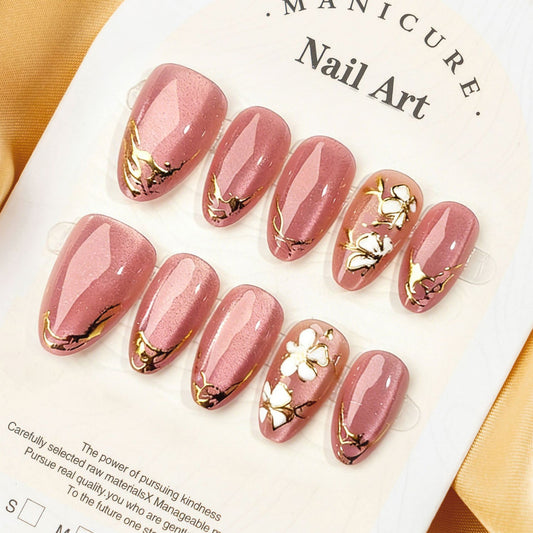 Blossom Elegance Medium Stiletto Pink with Floral Gold Accents Press On Nail Set