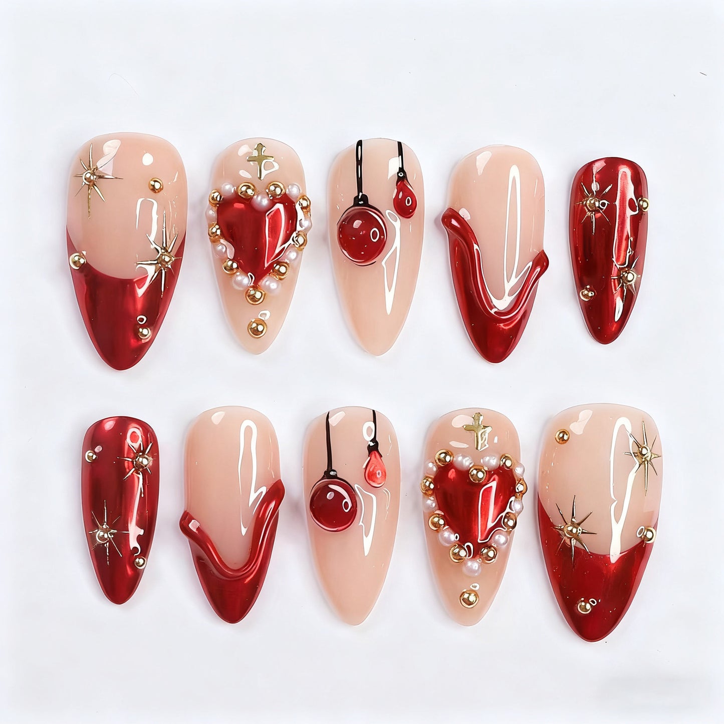 Romantic Heartfelt Long Stiletto Red and Beige Nail Set with Glamorous Embellishments