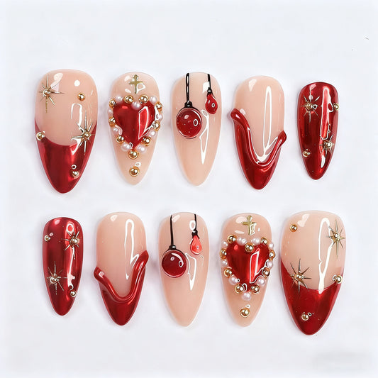 Romantic Heartfelt Long Stiletto Red and Beige Nail Set with Glamorous Embellishments