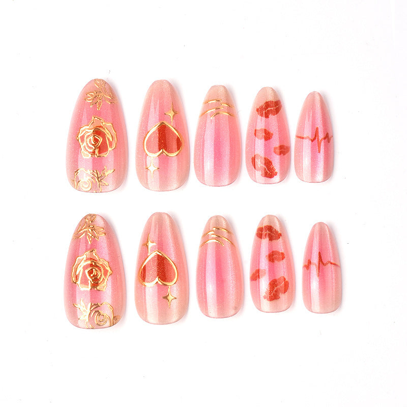 Romantic Dreaming Long Almond Pink Press On Nail Set with Gold Designs