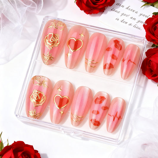 Romantic Rose Long Almond Pink Press On Nail Set with Gold Accents