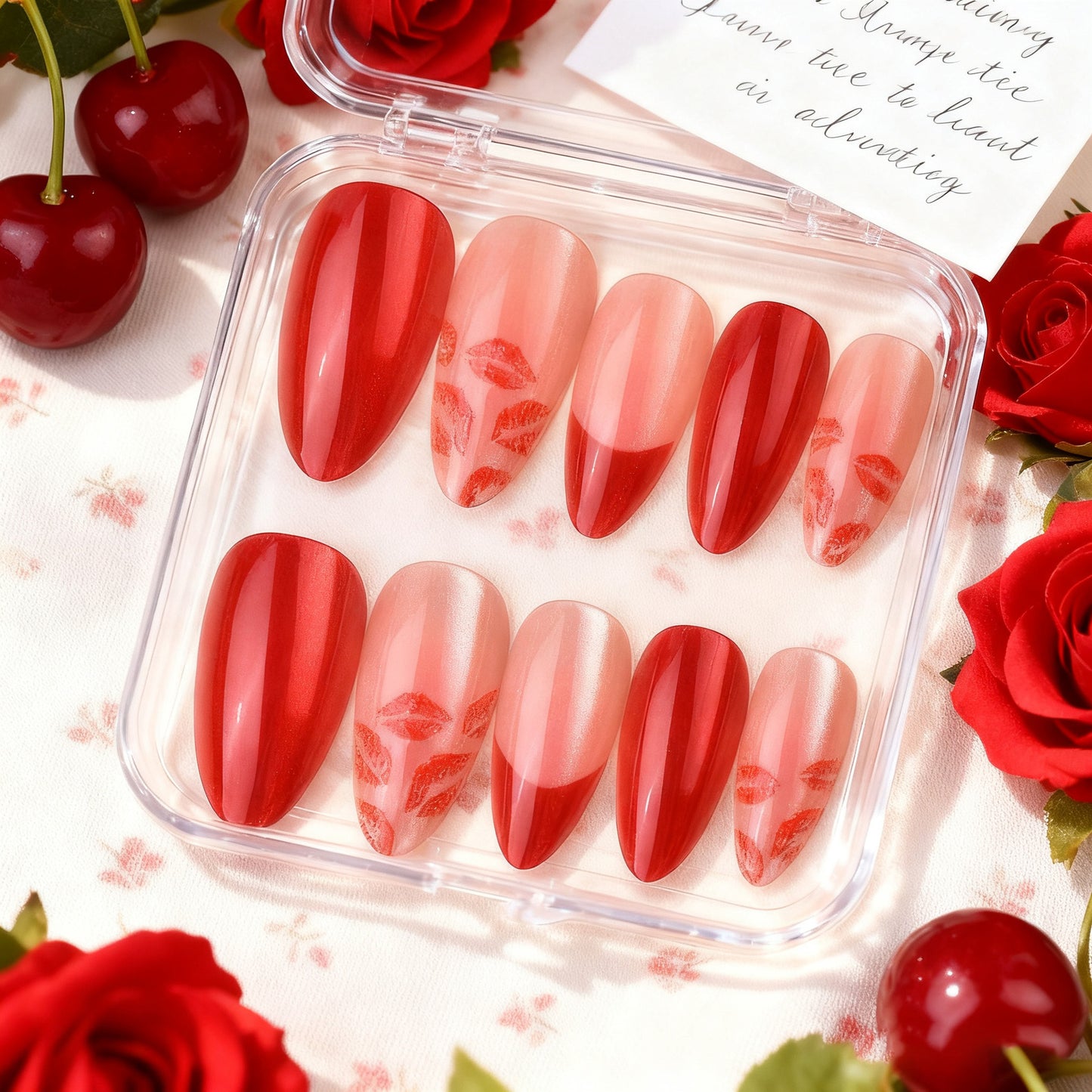 Romantic Red Medium Almond Press On Nail Set with Kiss Mark Design