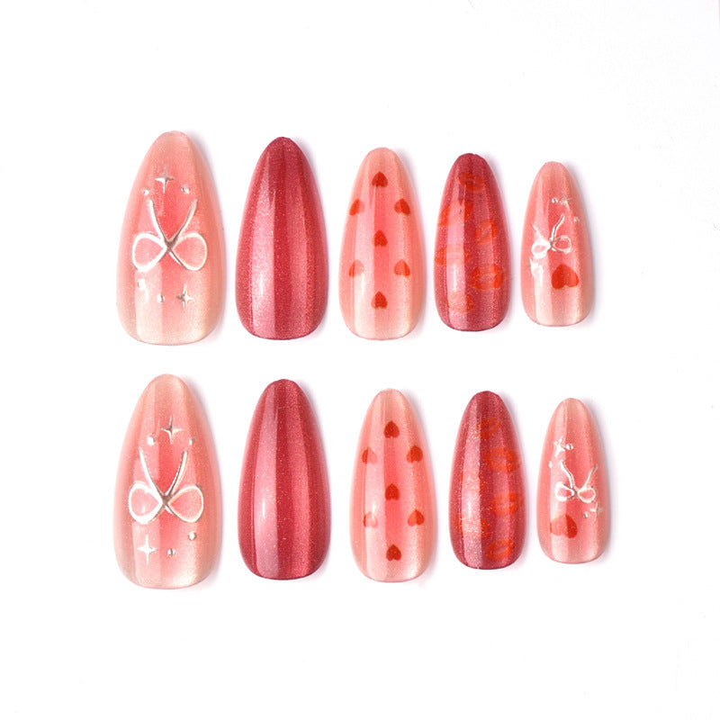 Romantic Vibes Long Almond Pink Press-On Nail Set with Heart and Ribbon Designs