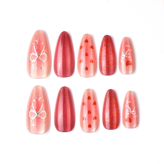 Romantic Vibes Long Almond Pink Press-On Nail Set with Heart and Ribbon Designs