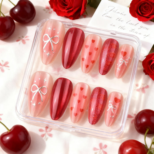 Romantic Red Medium Almond Shape with Heart and Bow Designs Press On Nail Set