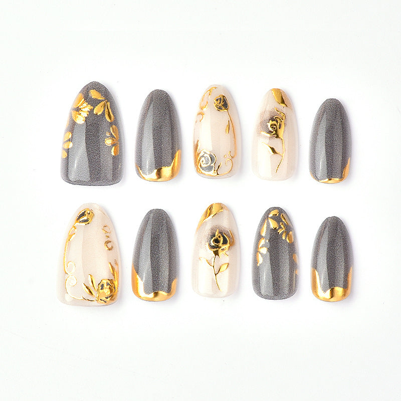 Elegant Vintage Short Almond Gray with Floral Gold Accents Press On Nail Set