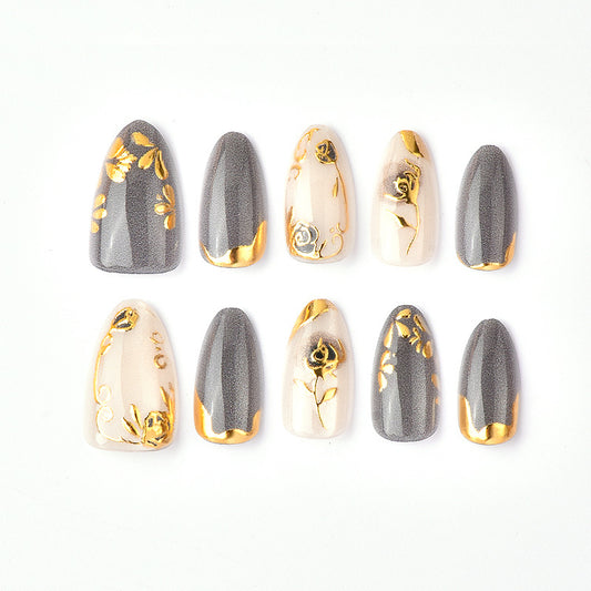 Elegant Vintage Short Almond Gray with Floral Gold Accents Press On Nail Set