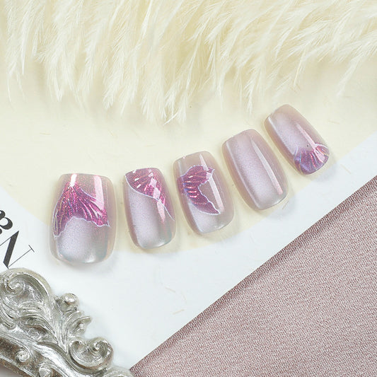 Whimsical Elegance Short Square Pink Holographic Floral Press On Nail Set