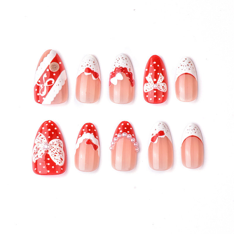 Festive Red Short Almond Press On Nail Set with Glittery Bow Accents